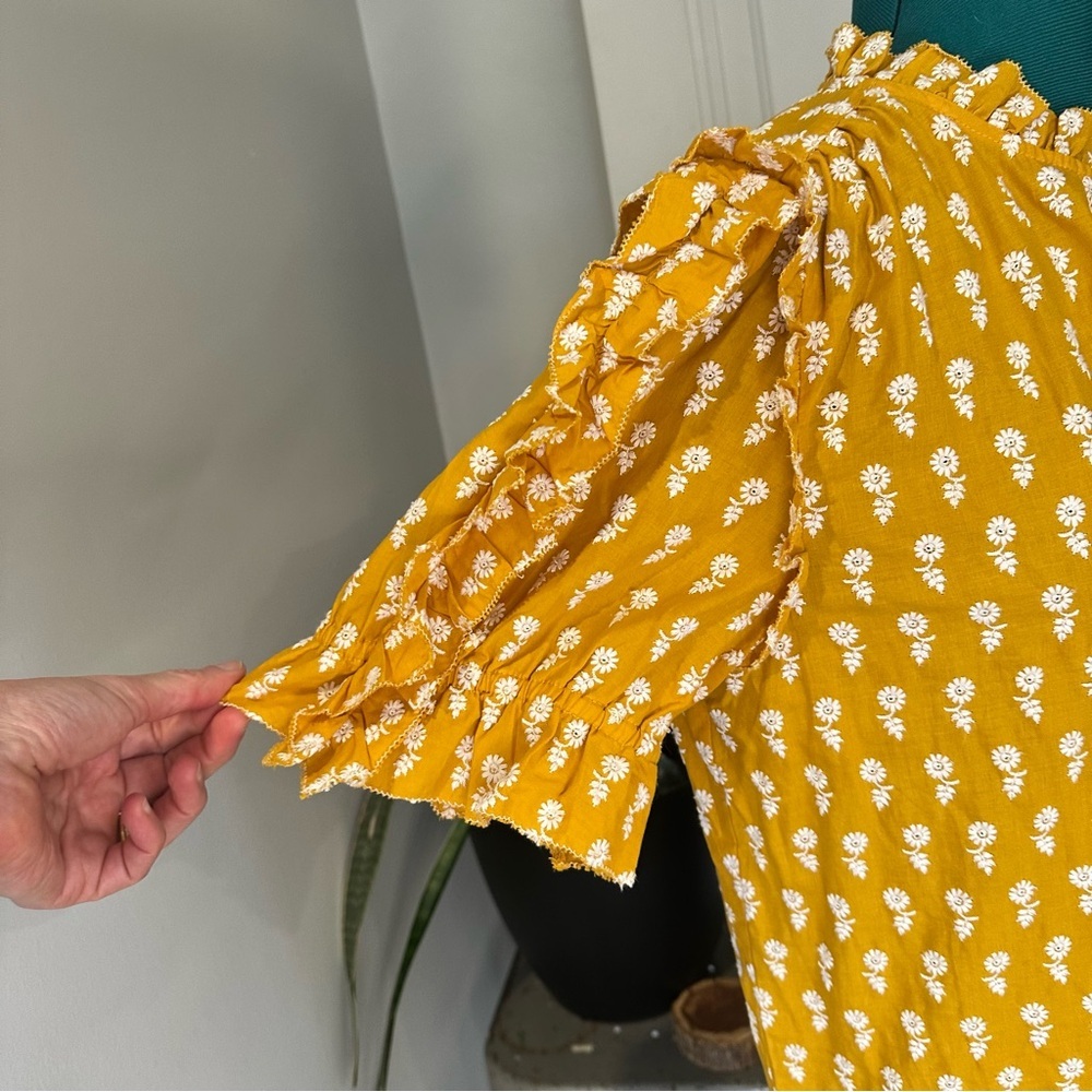 J. Crew Mustard Yellow Floral Tie-Neck Ruffle Sleeve Blouse - Picture 6 of 9